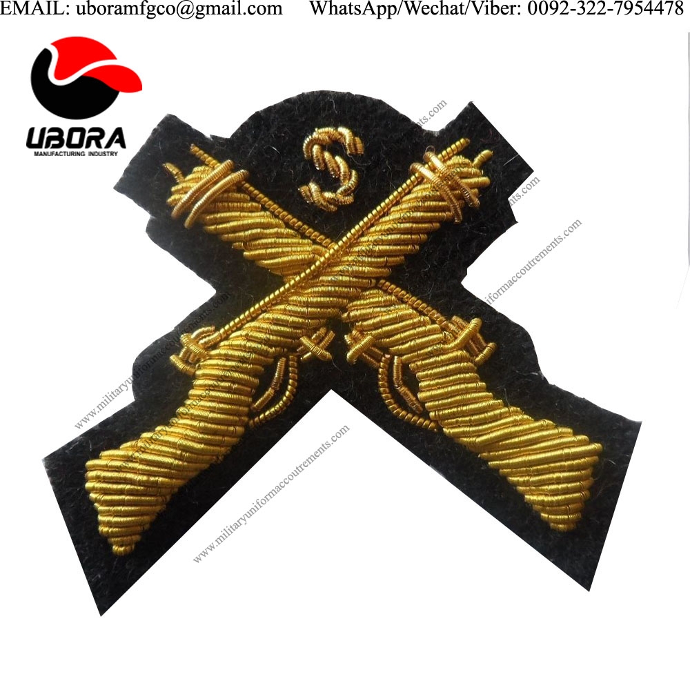 Custom Sniper Mess Dress Badge, Cross Rifles, Crossed, Sleeve, Arm, Black, Gold WIRE INSIGNIA